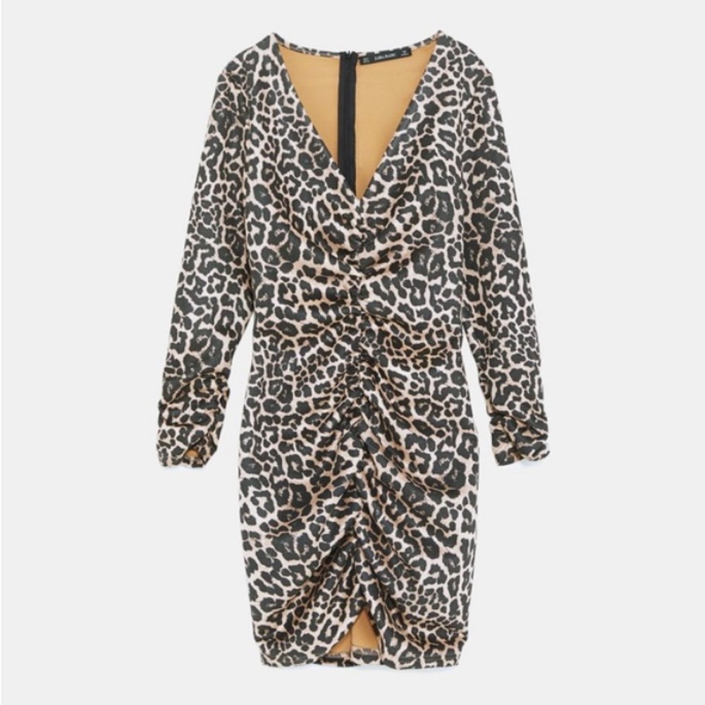 Zara Leopard Pattern Suede Ruched Long Sleeve Dress NWT Women’s Size - L - Picture 8 of 13